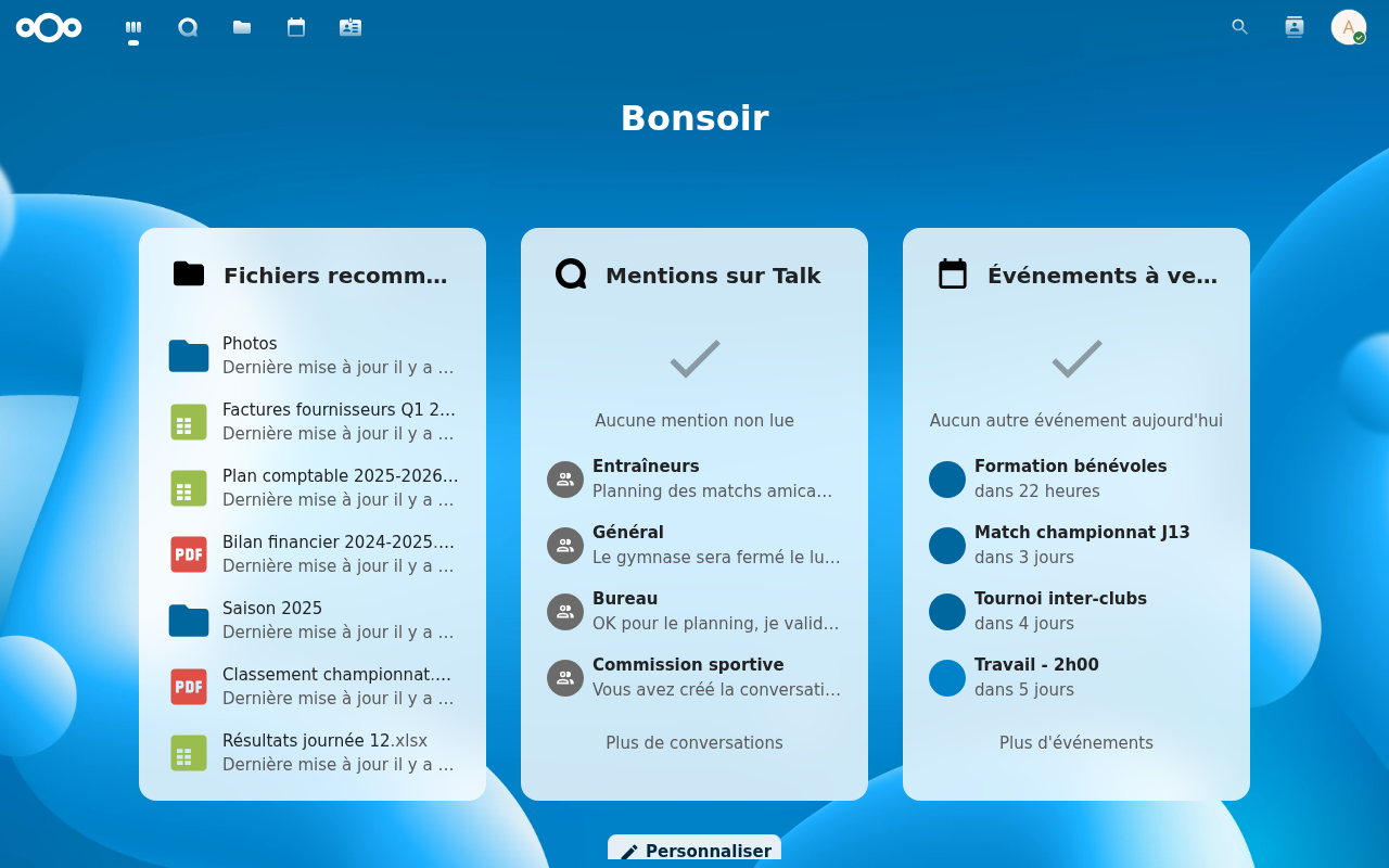 Tableau de bord Nextcloud